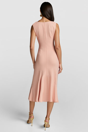 Blush Mermaid V Neck Midi Work Dress with Ruffles